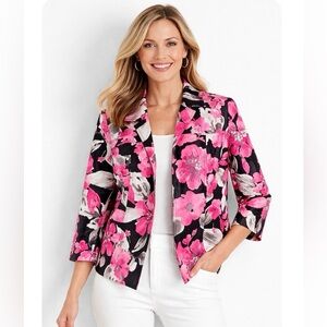 TanJay Pink Black Floral Feminine Open Front Spring Jacket Blazer Women Size 14